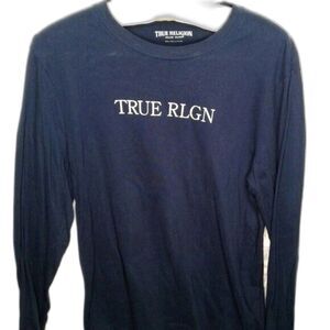 True Religion Long Sleeve Crew Neck T-Shirt Navy Blue White Cotton Men's Small